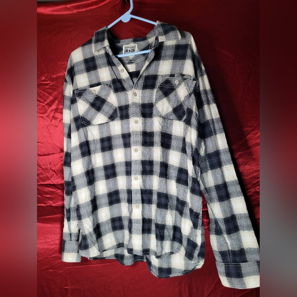 EUC Converse One Star Men's XL Black & White Plaid Flannel Shirt - Picture 3 of 5